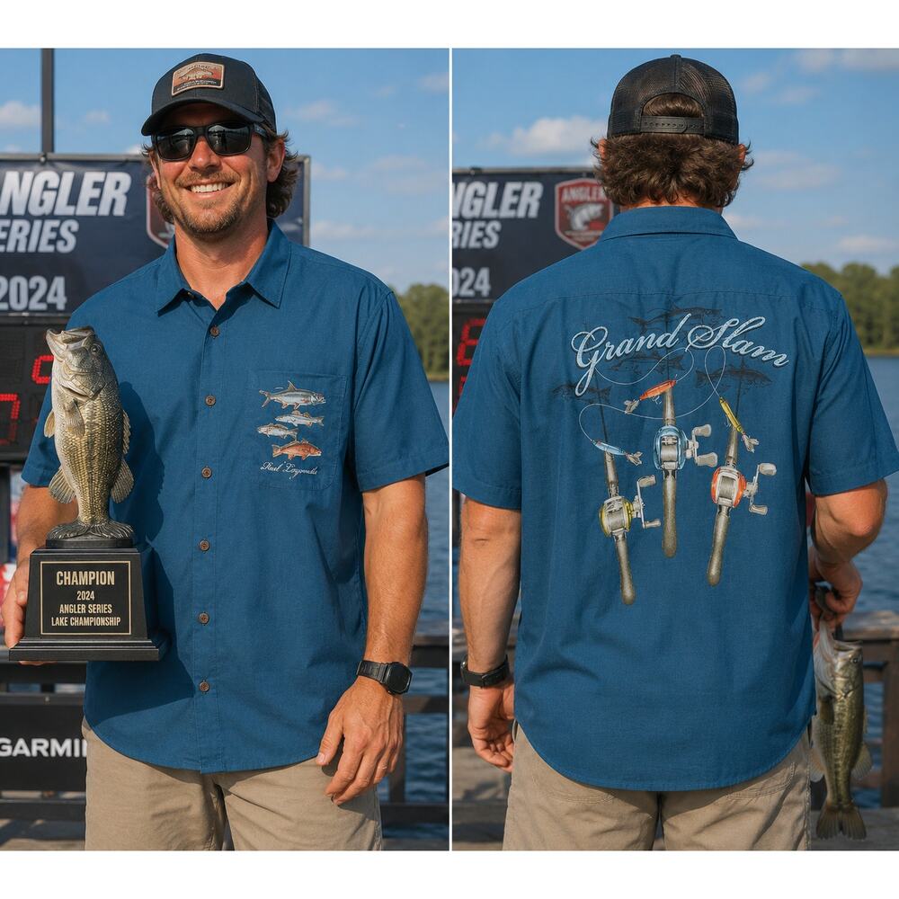 Reel Legends Grand Slam Fishing Shirt Mens Med Blue Button Front Camp Shirt NWT